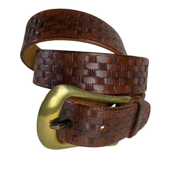 Rugged Basket Weaved Embossed Belt Leather Size XL Cowgirl Western Brass Buckle - Picture 7 of 9